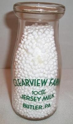 CLEARVIEW FARM 100% Jersey Butler, PA. Half Pint MILK BOTTLE   Green 