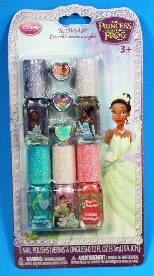 DISNEY PRINCESS & THE FROG NAIL POLISH SET w RINGS NEW