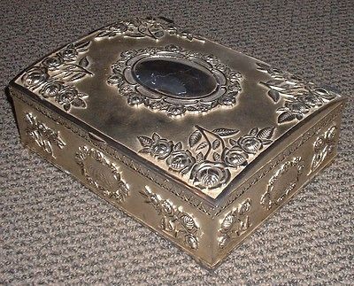 Vintage GODINGER large JEWELRY BOX silver cameo ornate roses Victorian 