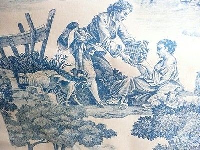 Vintage French toile de Jouy WALLPAPER Printemps scenes blue