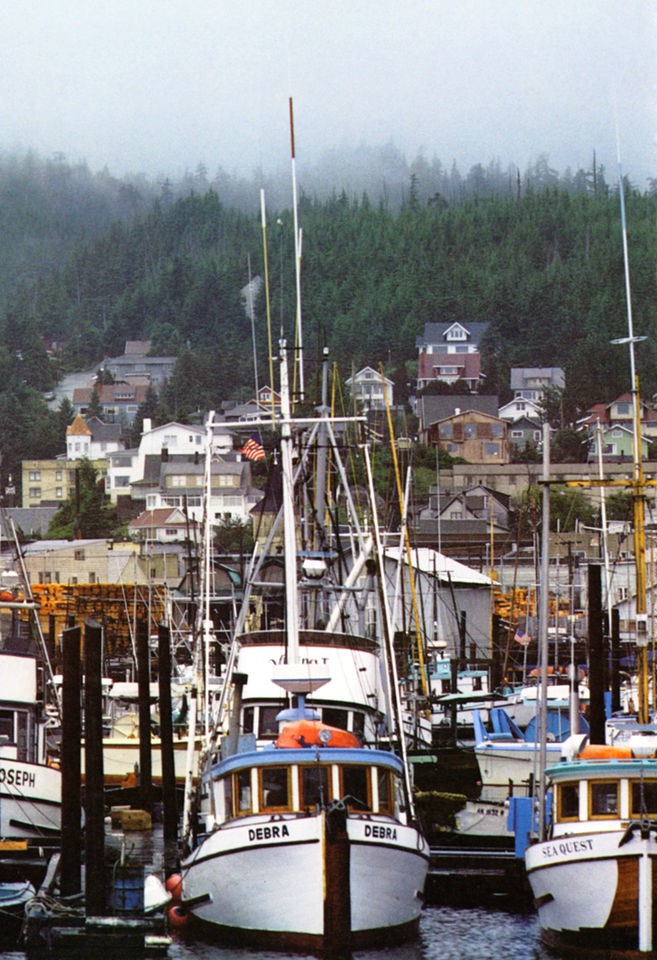 Misty Alaskan Fishing Harbor Poster, Commercial Salmon Boats 