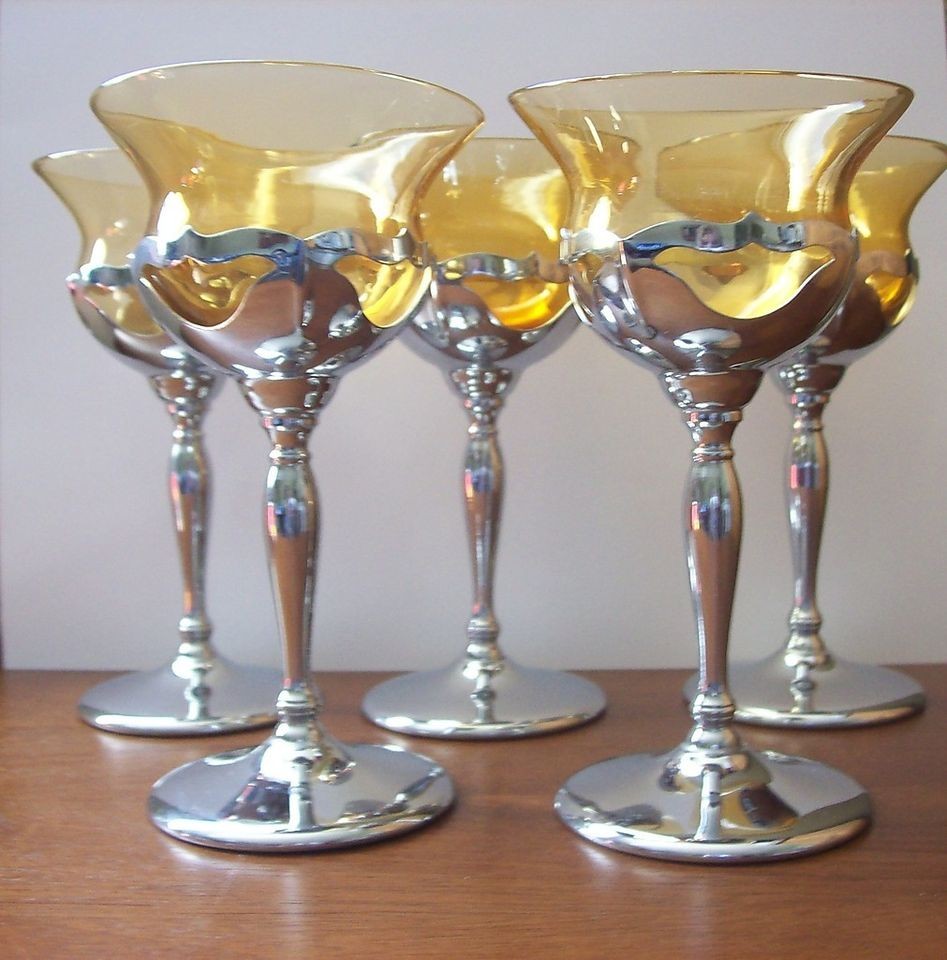   Vintage Cambridge Amber Farber Bros. Cocktail Wine Glasses Chrome Stem