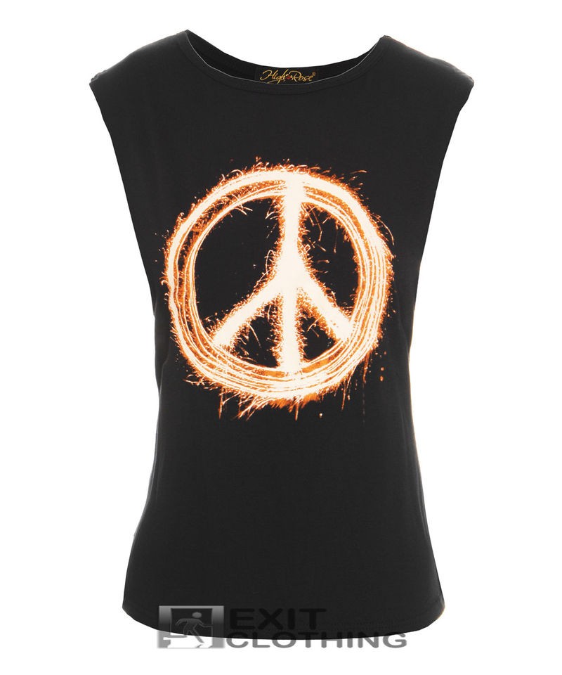 New Ladies Peace Symbol Fireworks Sparklers Logo Print Drop Vest Top 8 