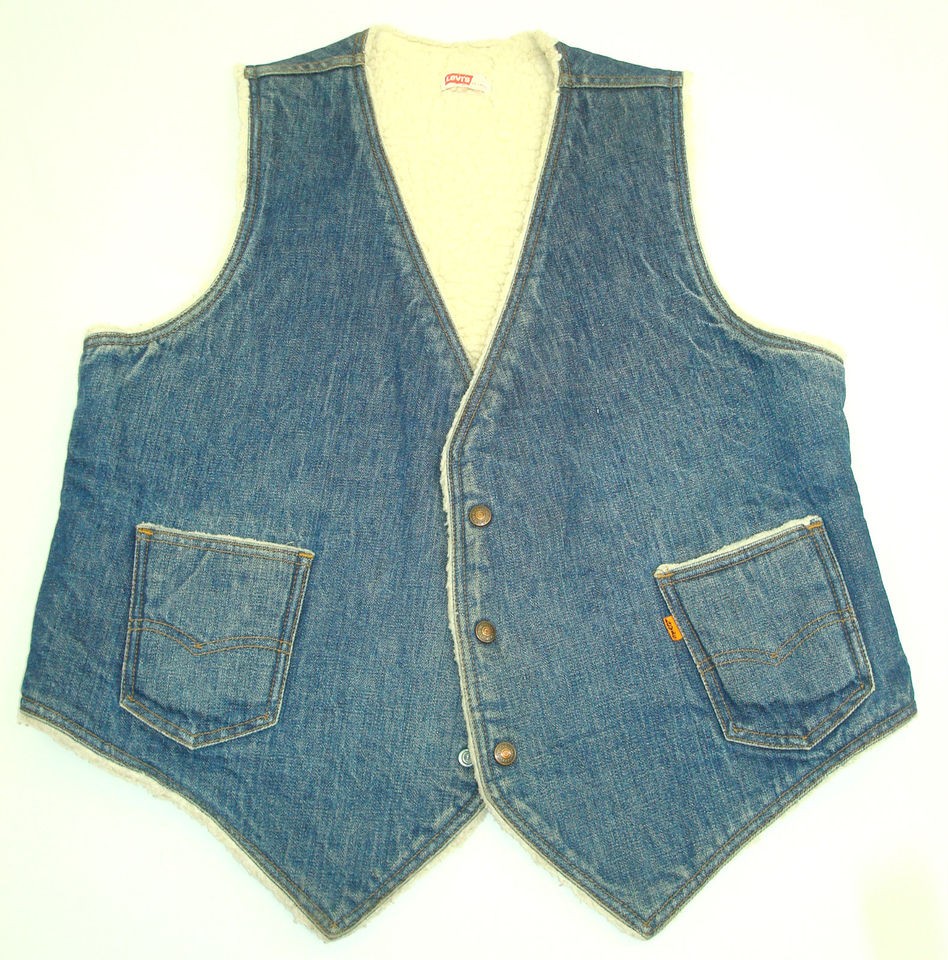 vtg 70s Levis Orange Tab Denim Sherpa Trucker Vest ~ XL ~ USA Made 