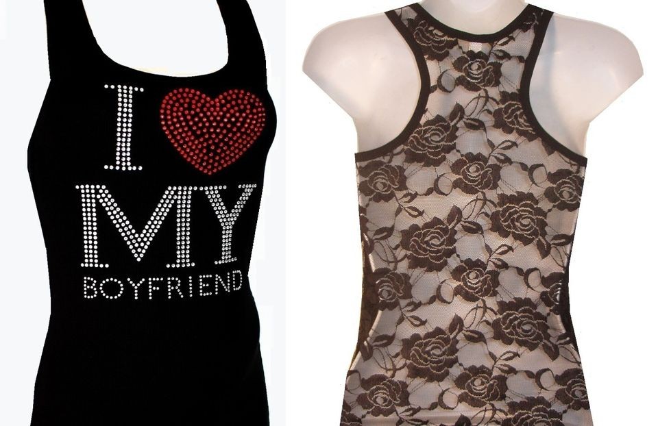 RHINESTONE(I LOVE MY BOYFRIEND) LACE TANK TOP, BLACKS SIZE S,M,L,XL,T 