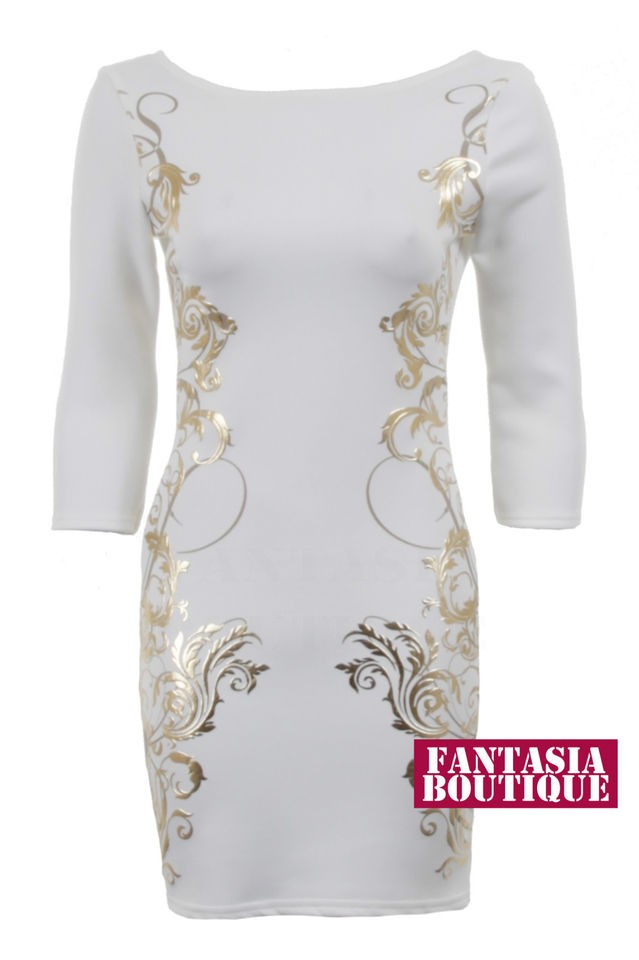   Embossed Baroque Leaf Print 3 Quarter Sleeves Bodycon Womens Dress