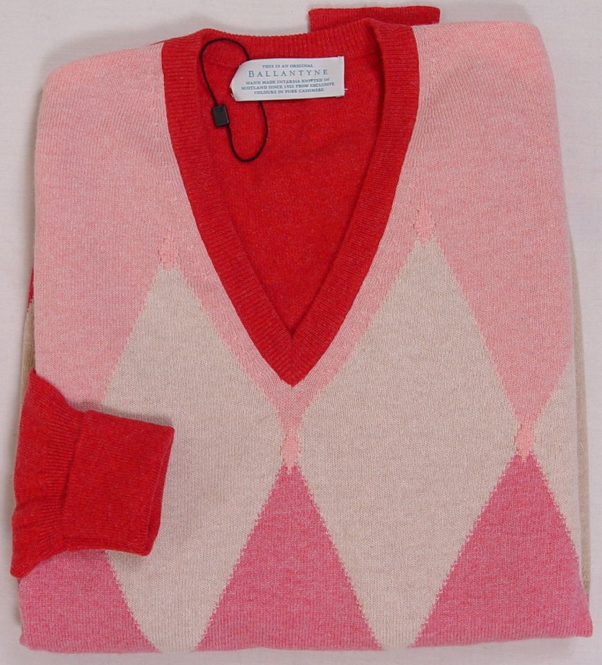   SWEATER $1295 PINK ARGYLE 100%CASHMERE HANDKNIT V NECK MED 50e NEW