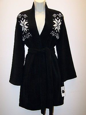 Charter Club Ultra Soft Black Chenille & Creamy Snow Flakes Short Robe 