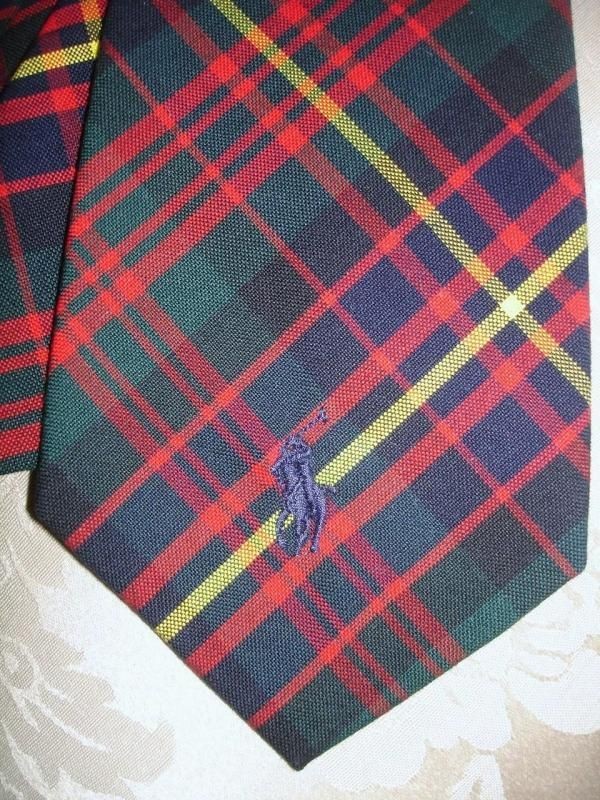   LAUREN RED GREEN BLUE YELLOW TARTAN PLAID POLO PONY COTTON TIE 55 USA