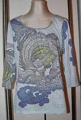 YUKIKO Knit Top XL Phoenix Tattoo Style Print Blues Pullover Shirt 