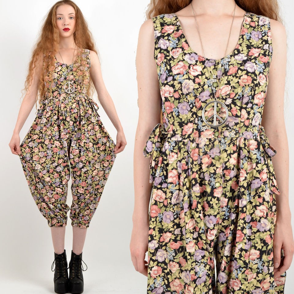 Vtg 90s FLORAL Grunge HAREM PANTS Slouchy JUMPSUIT Maxi Dress DEEP V 