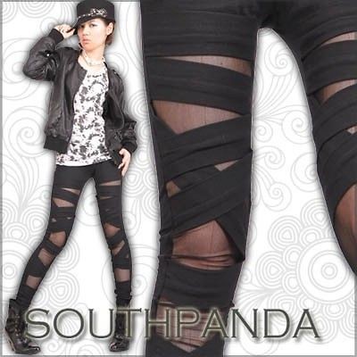   Ladies Black Ripped Cutout Punk Tights Leggings Rock Pants SZ 8 M