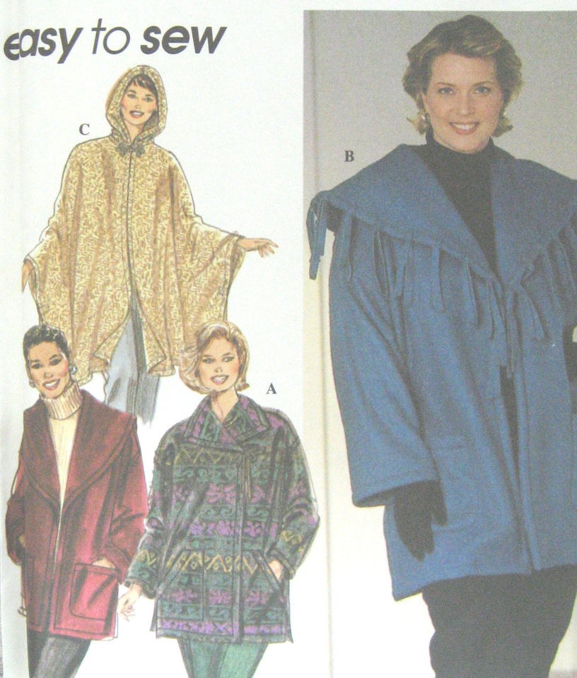 Womens Jacket Poncho Sewing Pattern Hood Shawl Collar Fringe Easy Sew 