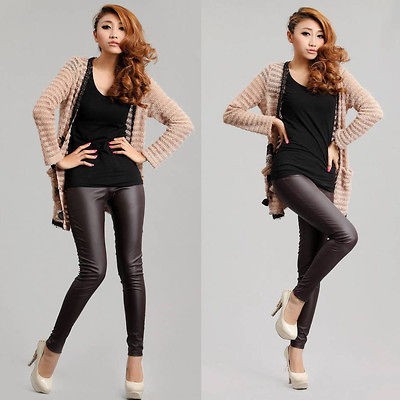 GA100 Brown Stretch Low Waist faux leather look Tight Leggings lady 