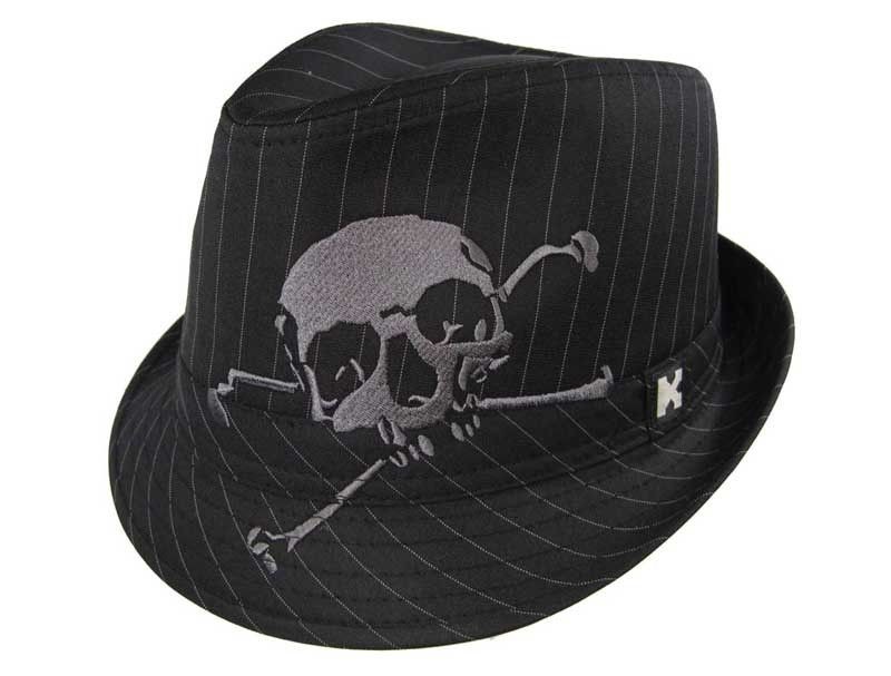 SWANKY SKULL & Crossbones Pinstripe Fedora Texedo Low Rider Hat BLACK