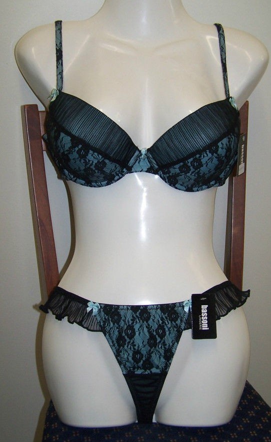 Bassoni Lace Padded Push Up Bra & G String Set   Black/Jade   Sizes 10 