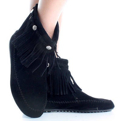 Black Suede Bohemian Indian Fringe Moccasins Women Flat Ankle Booties 