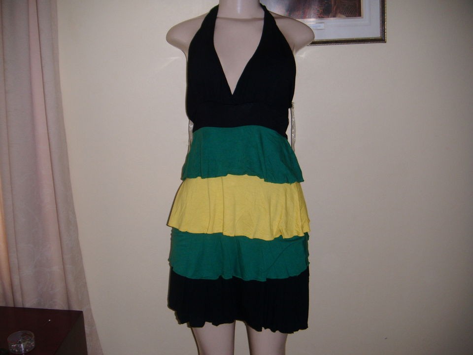   EXQUISITE FOUR FRILLS JAMAICAN NATIONAL COLORS HALTER NECK DRESS L