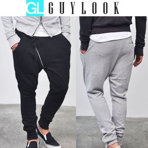 Low Crotch Edge Design Asymmetric Zippered Mens Slim Baggy Sweatpants 