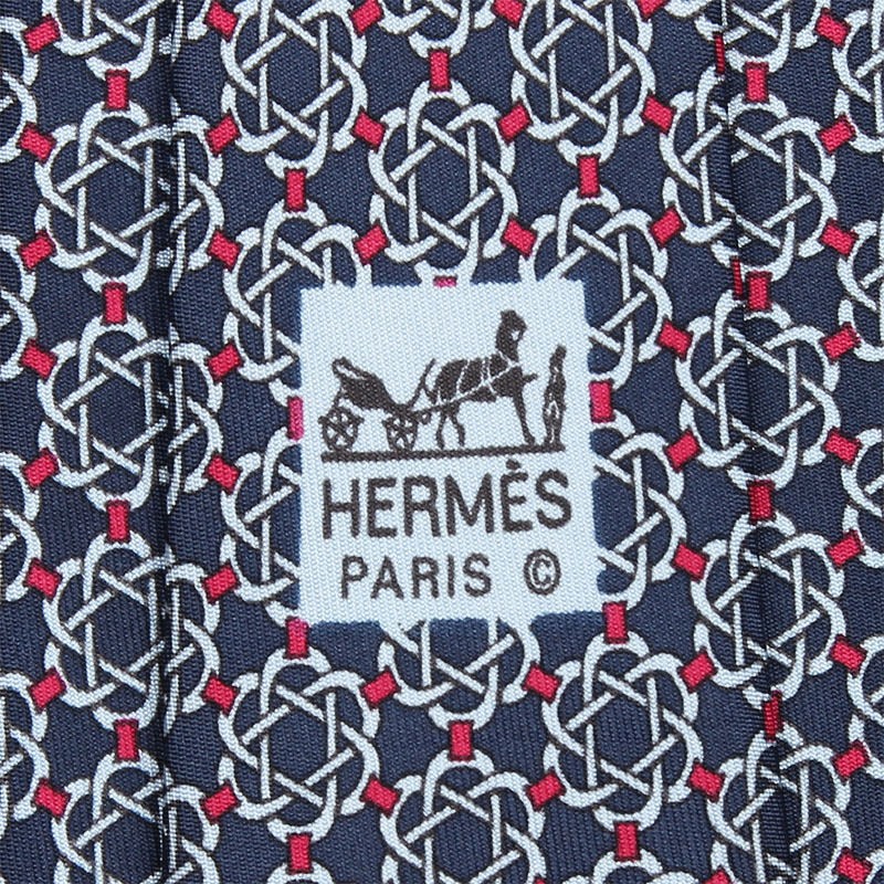 HERMES TIE 7122 FA Wired Floral on Dark Blue Narrow Silk Necktie