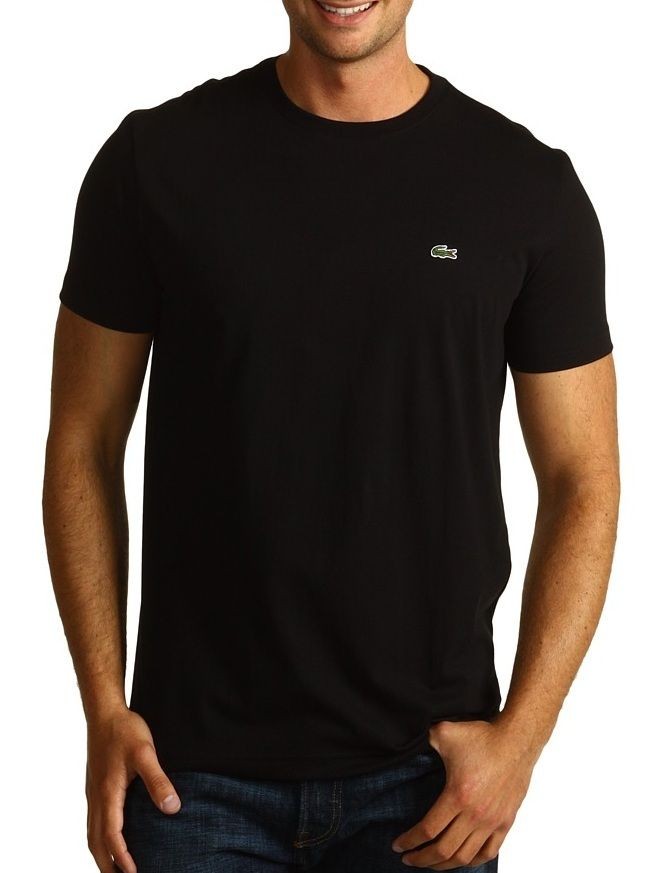   LACOSTE BRAND MENS BLACK CREWNECK CROC LOGO PIMA JERSEY TEE T   SHIRT