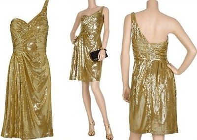 NEW BADGLEY MISCHKA GOLD ONE SHOULDER DRAPED SEQUIN SWEETHEART DRESS 4 