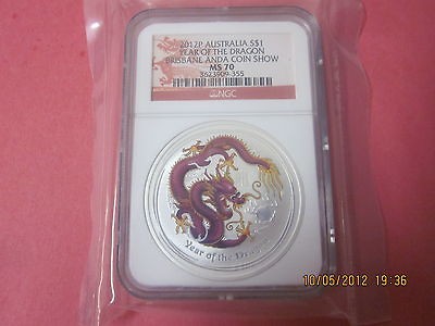 2012 Australia 1 oz .999 Silver Purple Dragon Coin, NGC MS70   Low 5K 