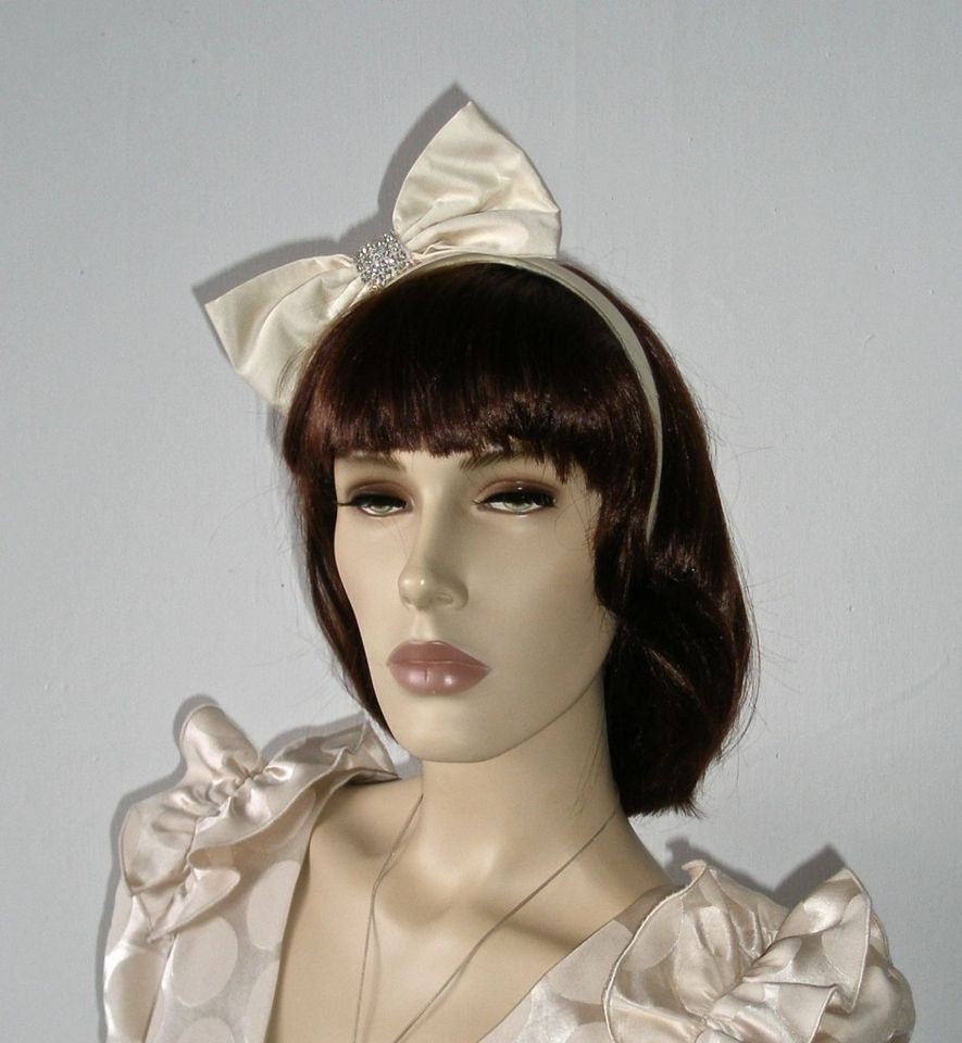 ALANNAH HILL Cream Satin Big Diamante Bow Fascinator Wedding Headband 