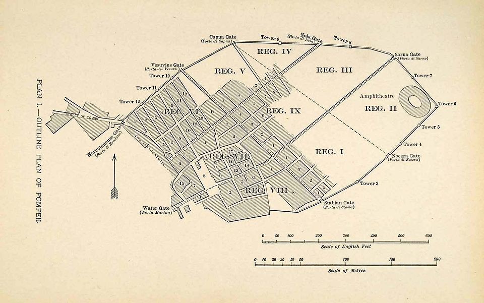 1899 Lithograph Map Architecture Pompeii Italy Roman City Plan Outline 