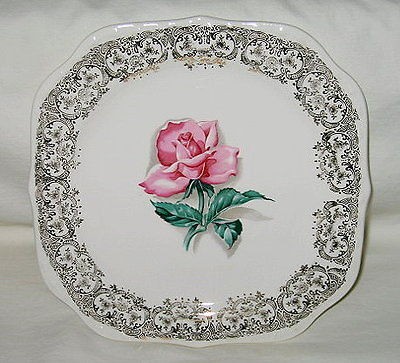 Crooksville China USA Pink Rose w/Gold Filigree Design Square Sald 