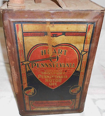 Antique Vintage Collectable 5 US gl. Heart Pennsylvania Motoroil empty 