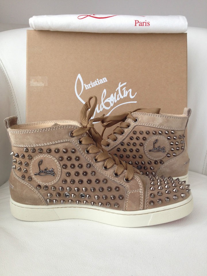 CHRISTIAN LOUBOUTIN LOUIS FLAT TAUPE SUEDE SPIKES HI TOP SNEAKERS 