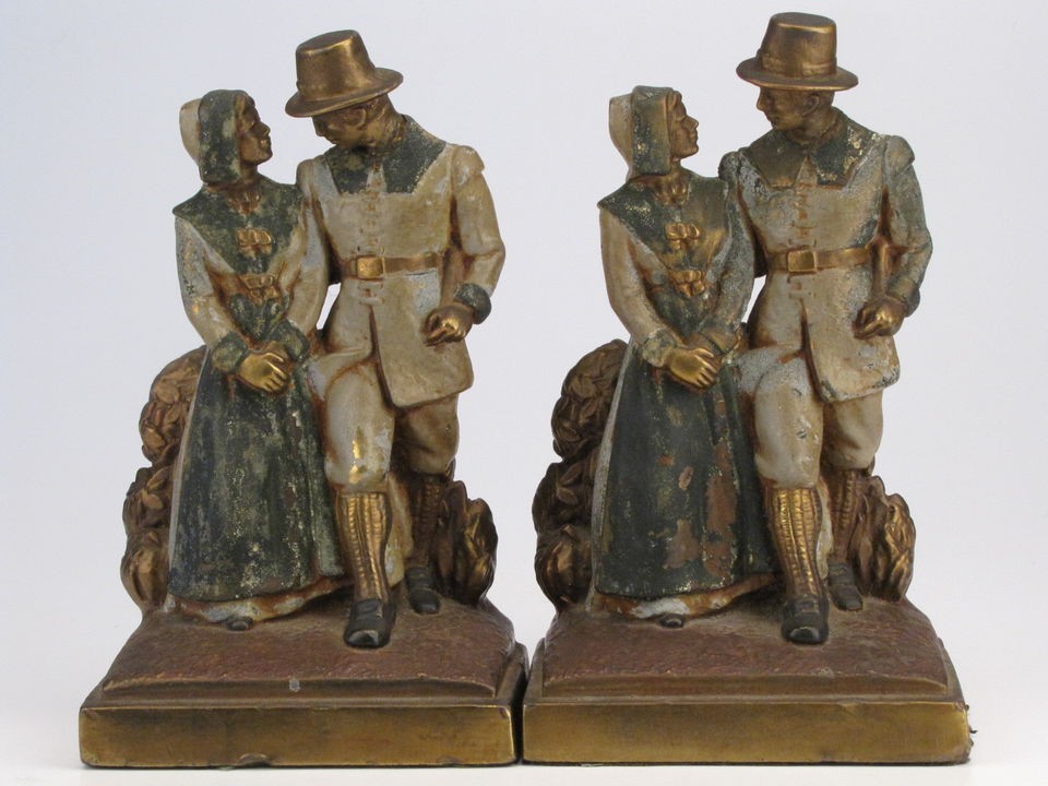 Antique Pair Byron Bristol Armor Bronze Inc Pilgrim Couple Bookends 