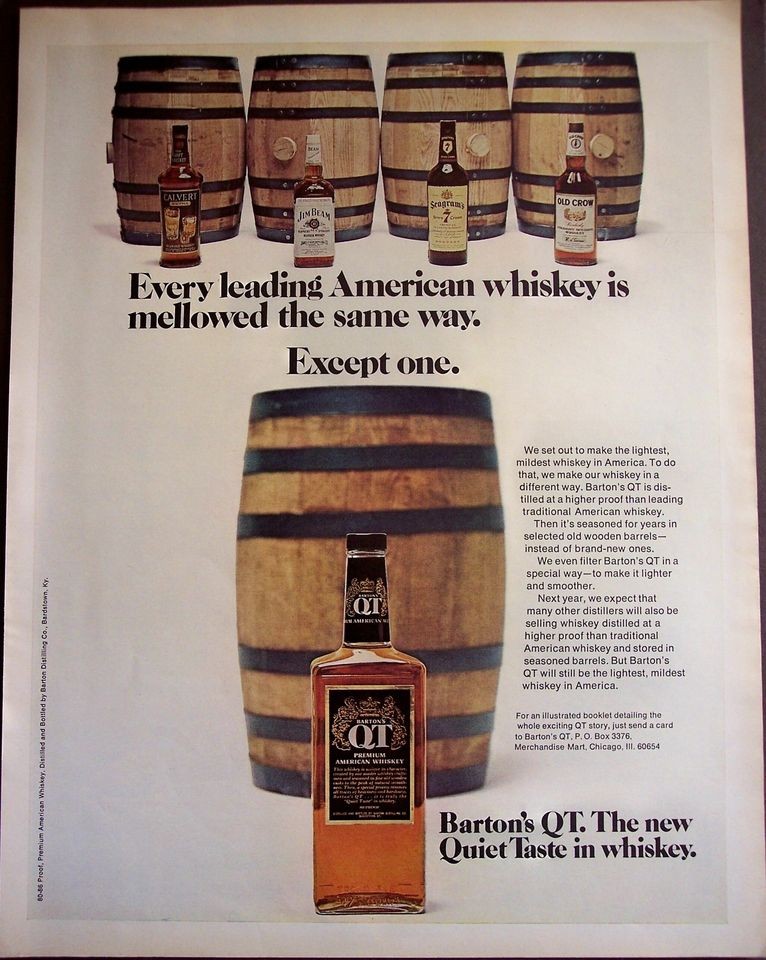   1971 vintage Ad Bartons QT American Whiskey in wooden barrels