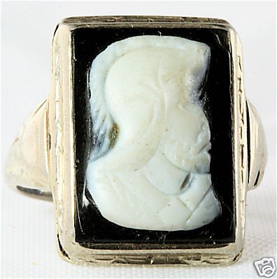 ANTIQUE MENS 10K WHITE GOLD HARDSTONE CAMEO RING 6.25