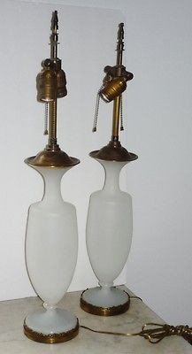 Pair Antique White Opaline Glass Tall Elegant Table Lamps