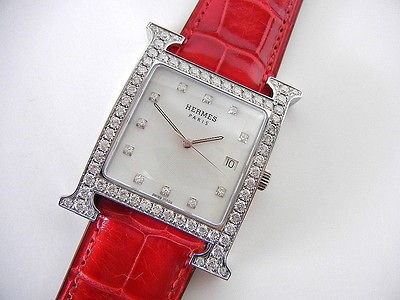 HERMES watch H hour Heure H dame acier VVS diamond Rouge Vif Crocodile 