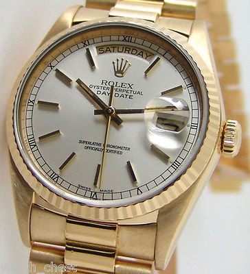 Rolex Mens 36mm Gold President Silver Stick 18238 WATCH CHEST