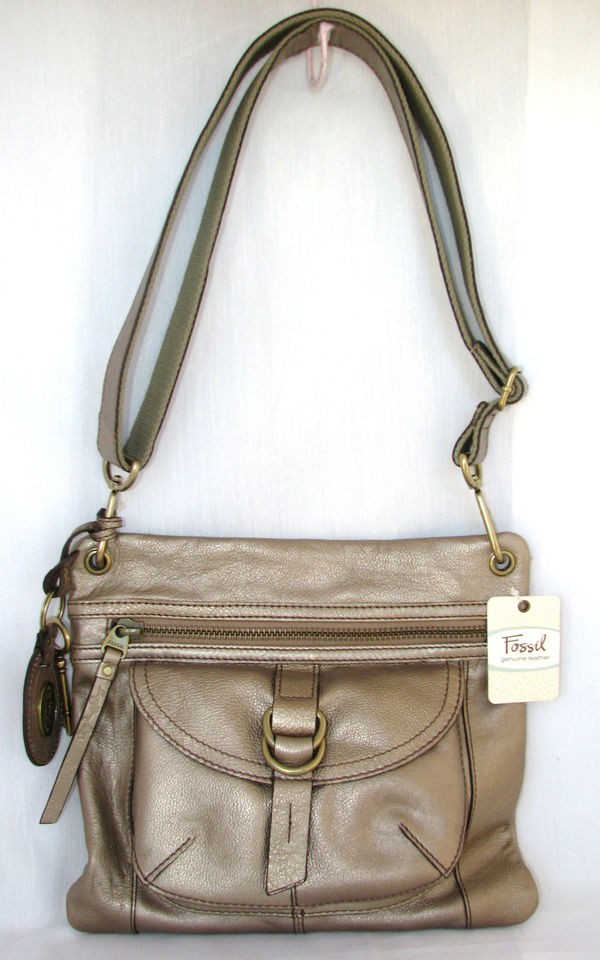 FOSSIL SASHA METALLIC CHAMPAGNE LEATHER SHOULDER,CROSS​BODY HANDBAG 