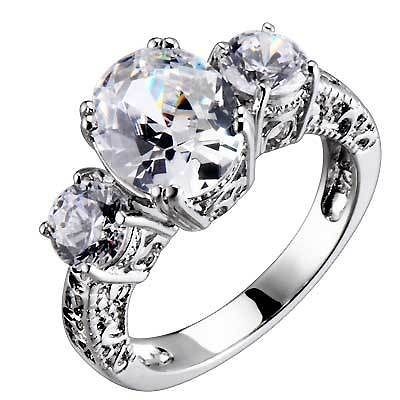   Silver 3 Stones Oval/Round Cubic Zirconia Vintage Bridal Wedding Ring