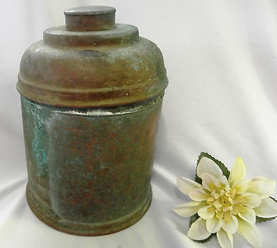 PRIMITIVE LARGE VINTAGE COPPER POT JUG WITH LID, NATURAL GREEN VERDE 