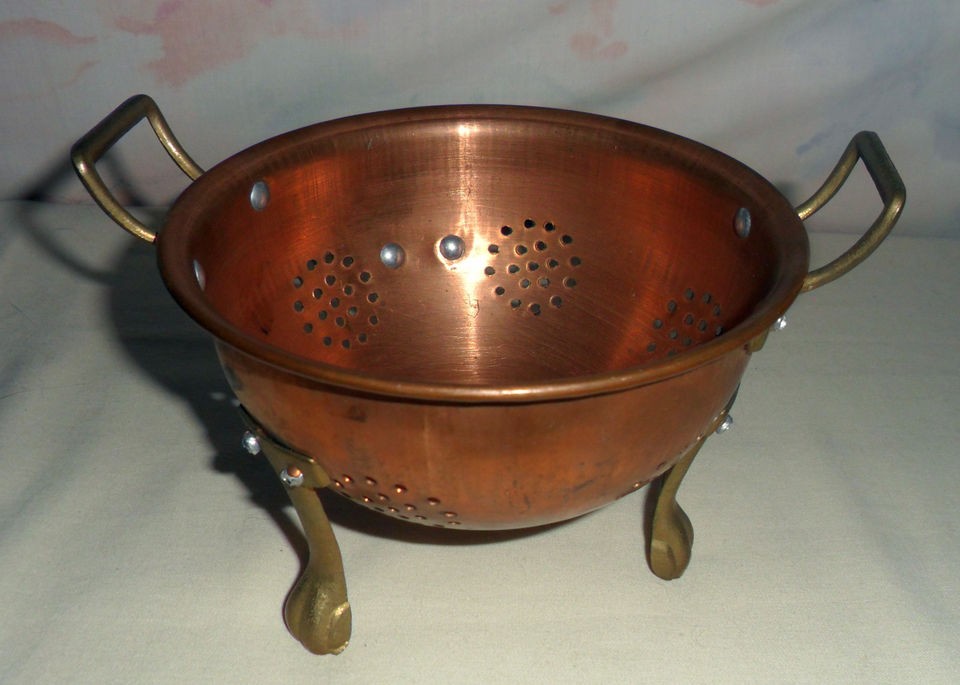 Solid copper small berry colander strainer and 4 mini brass & copper 