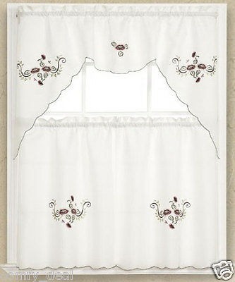 3pc Beige + Embroidered Burgundy Flower Kitchen/cafe Curtain Tier and 
