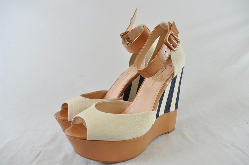 JESSICA SIMPSON COCOA LINEN/TAN CANVAS WEDGE PLATFORM SLINGBACK PEEP 