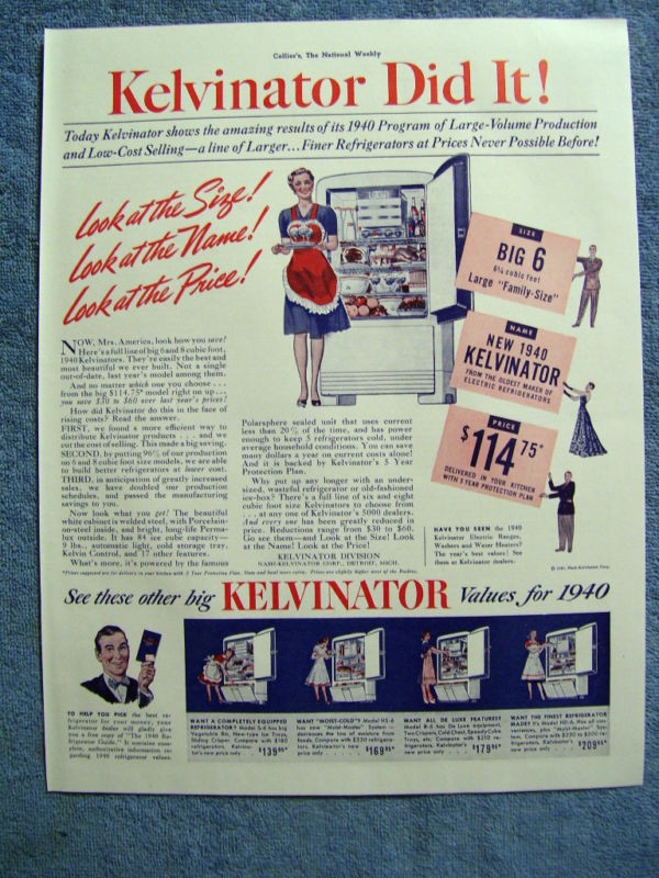 VINTAGE 1940 KELVINATOR REFRIGERATORS AD   FIVE MODELS