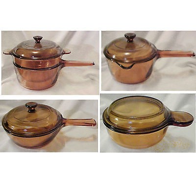 EUC Corning VISIONS 9pc Amber Cookware Set Double Boiler   1 L   .5 L 