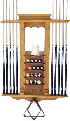 10 Cue Stick and Pool Ball Wall Rack Wood Oak Finish