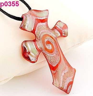   cross lampwork murano art glass glaze beaded pendant necklace p355