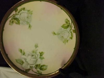 Three Crown China Germany Hand Painted 8 Plate White Roses Gold Trim