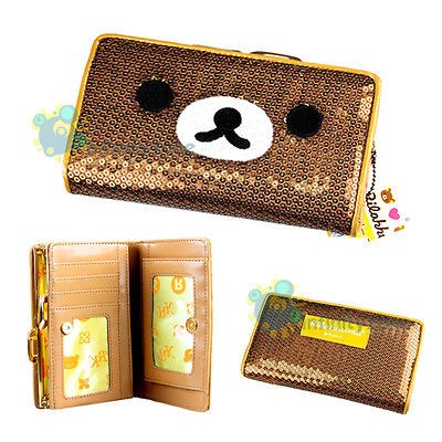 SAN X Rilakkuma Bear Brown Sequin 6 Leatherette Card Holder Purse 